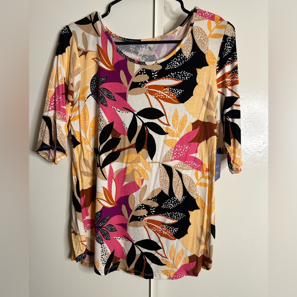 a.n.a Women's Top with Pink and Orange Leaf Print